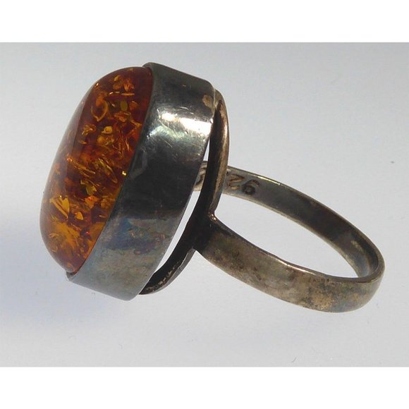 Modernist Amber & Sterling Silver Ring Signed E Size 9 - Picture 6 of 10